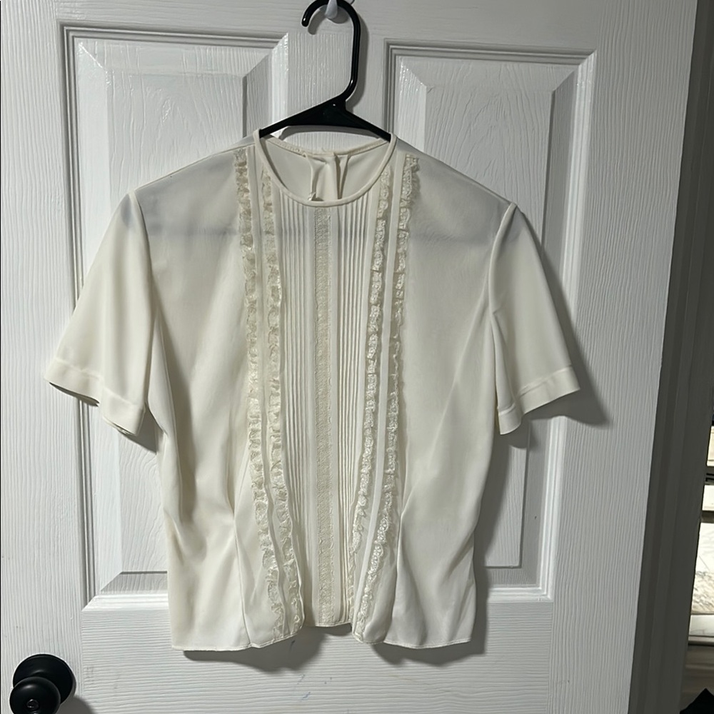 Cream Ruffled Short Sleeve Bib Collar Blouse